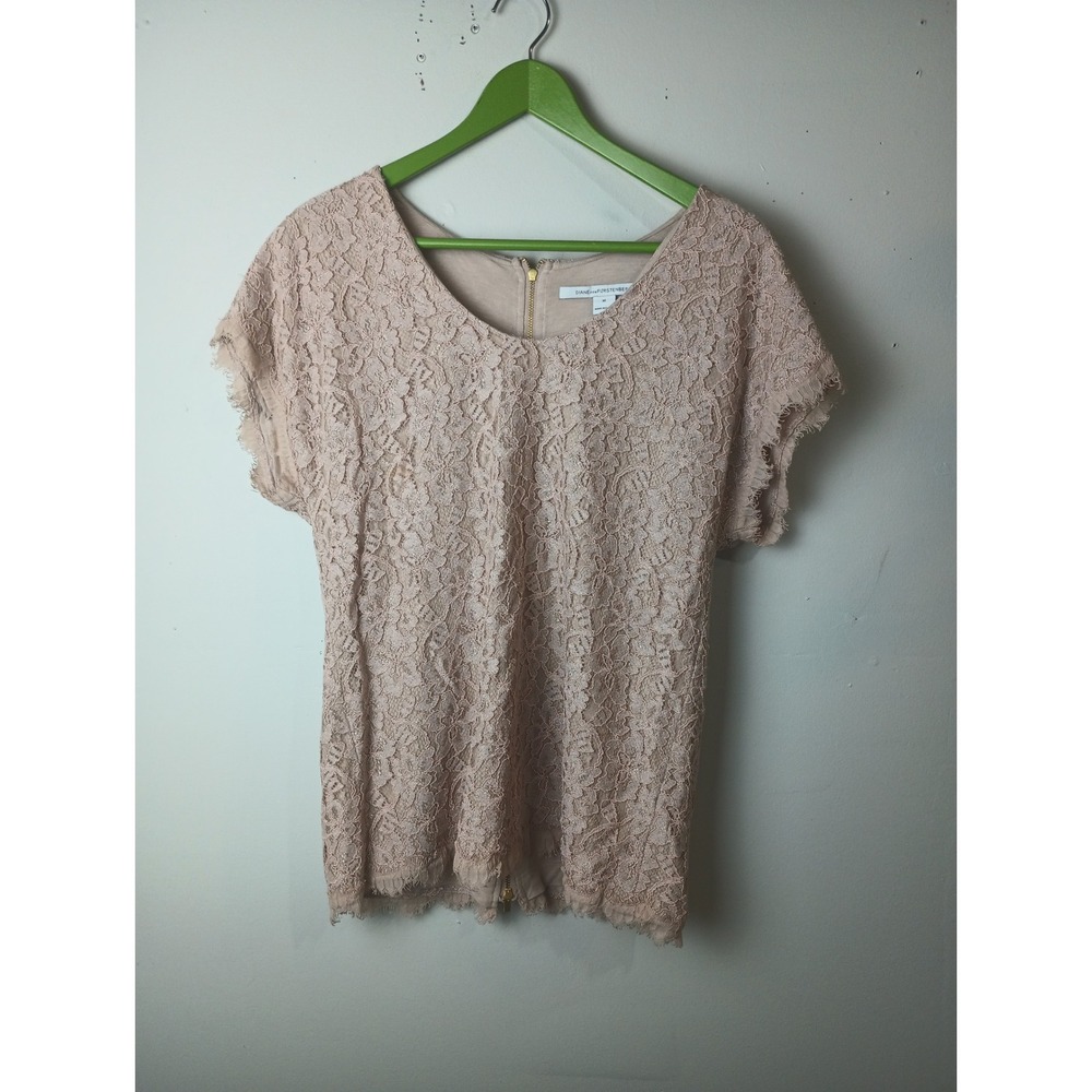 Diane von Furstenberg Cholula Lace Top Blush Pink Metallic Gold Zip Blouse M